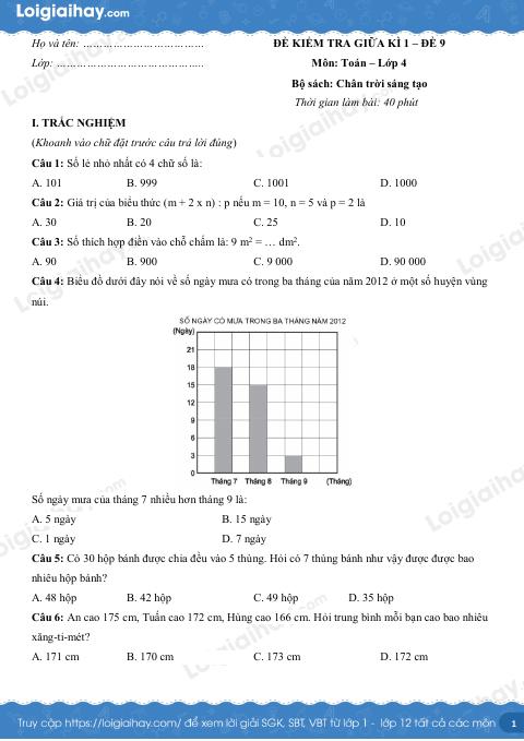 Đề kiểm tra giữa học kì 1 Toán 4 Chân trời sáng tạo - Đề số 9